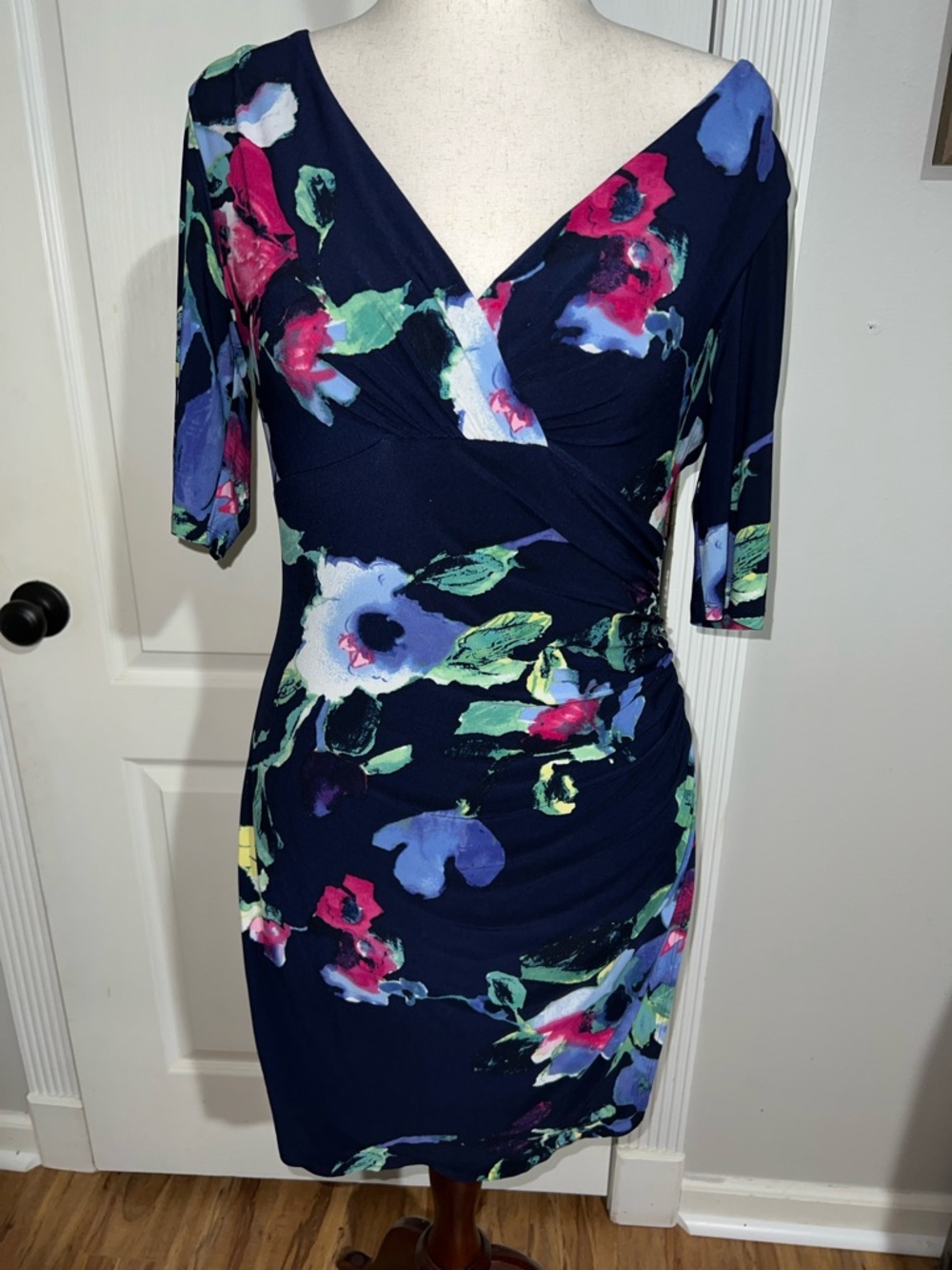 Ralph Lauren Navy Floral V-Neck Midi Dress NWOT